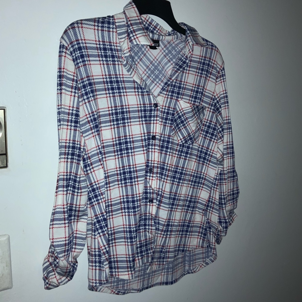 Red,white,and blue flannel.